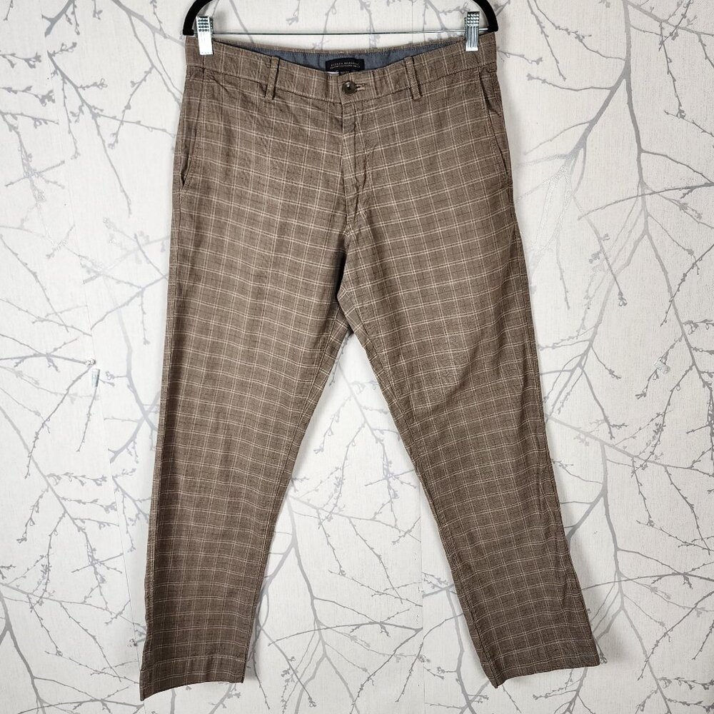 Banana Republic Beige Plaid 100% Cotton Slim Straight Fit Pants